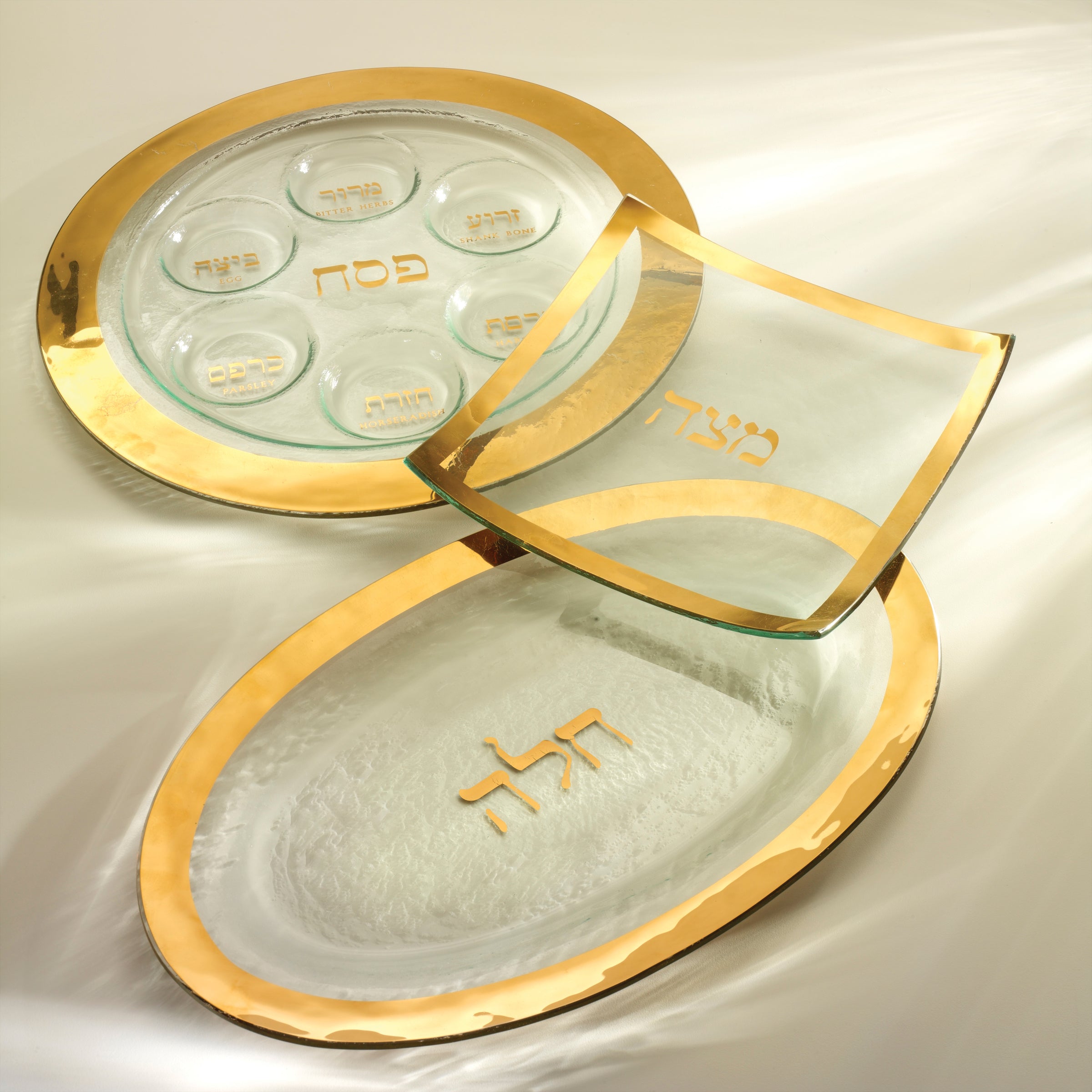 Judaica, Annieglass Jewish Holiday collection, gold rimmed.