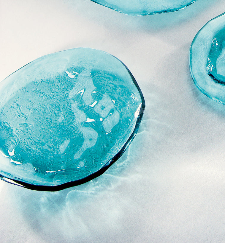 Ocean inspired glass platters and trays, sea shapes with blue colors