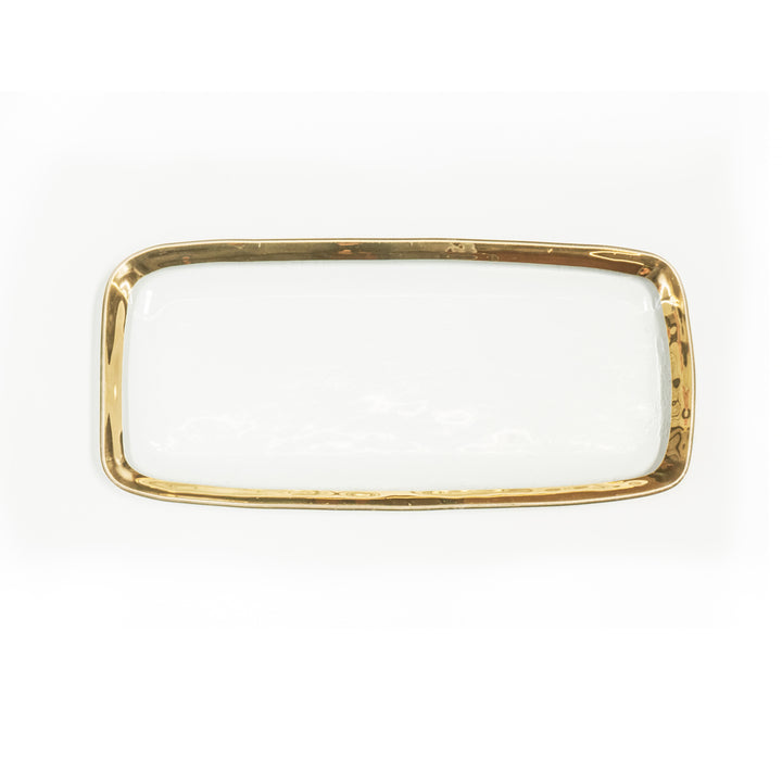 Roman antique long rectangular platter with a 24k gold band.