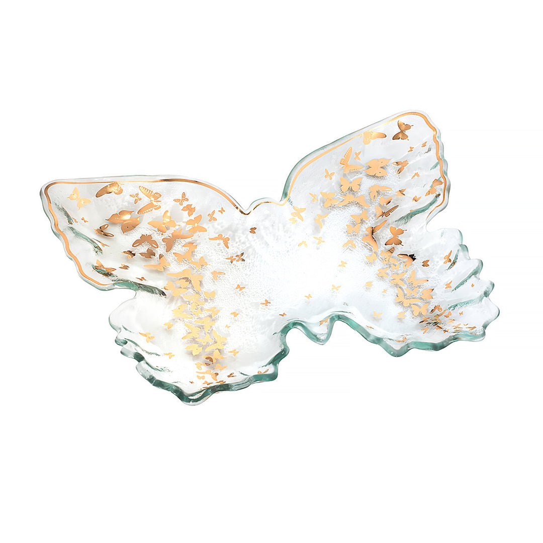 Butterfly shape small tray with a 24k gold rim and smaller butterflies inside.