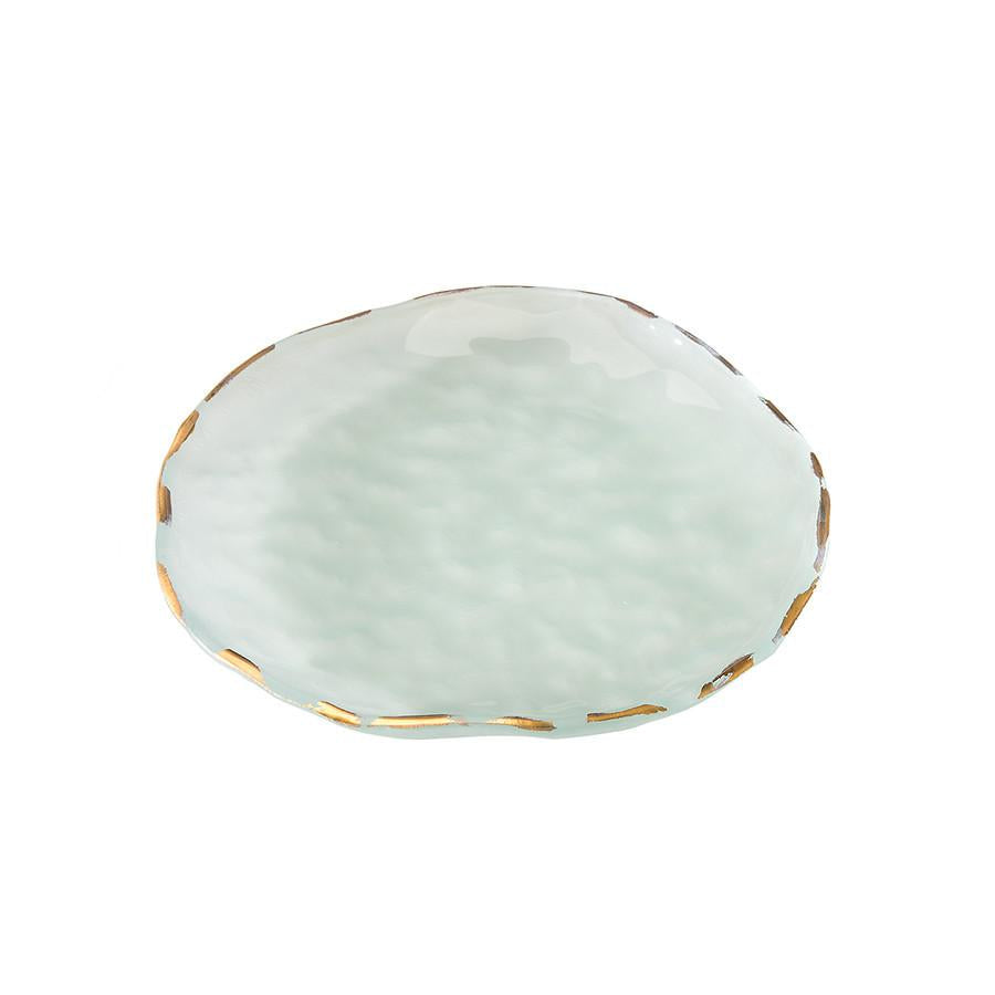 Salad plate on frosted glass with a 24k gold trim on the edge.