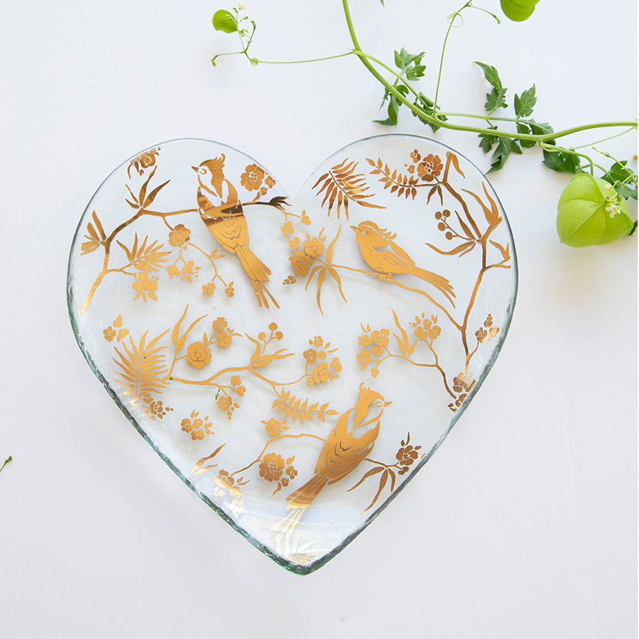 Birdsong heart shaped plate with 24k gold birds design.