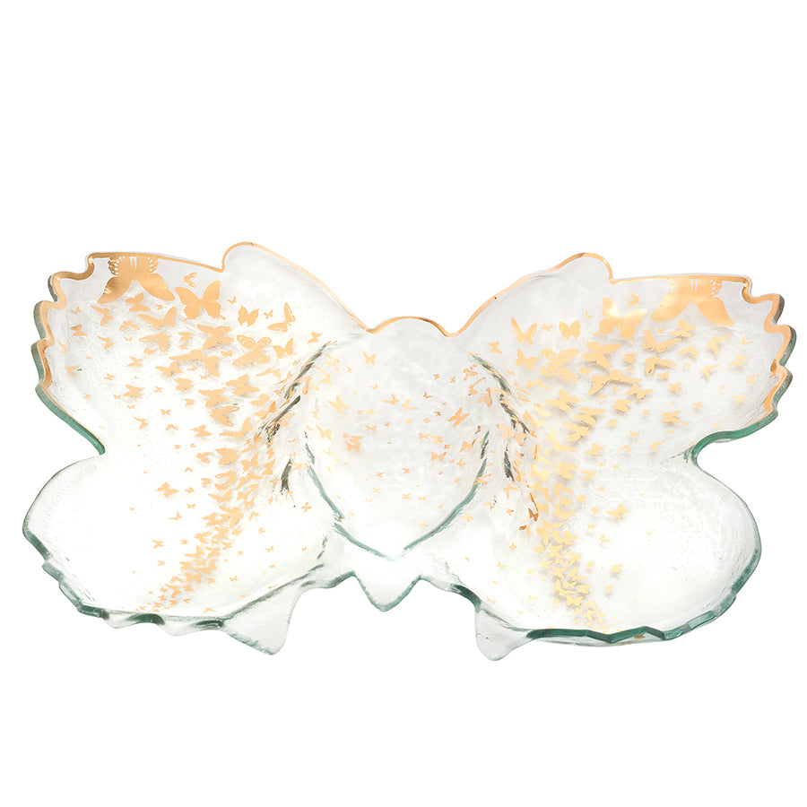 Butterfly chip and dip server on clear glass with a 24k gold rim and small butterflies on it.