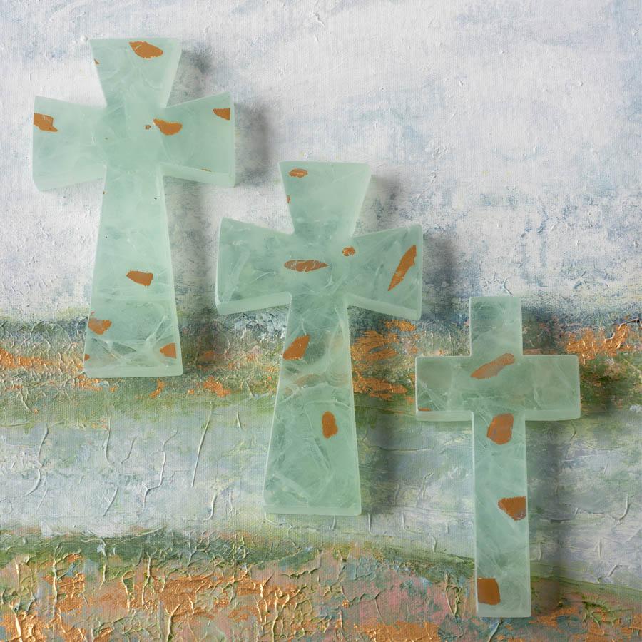 Elements 2 large teal and 1 small cross with 24k gold on them.