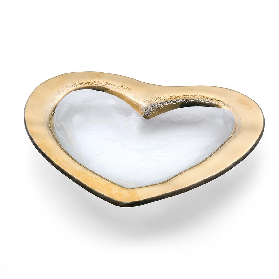 Roman antique 8" clear heart shaped bowl with a 24k gold band.