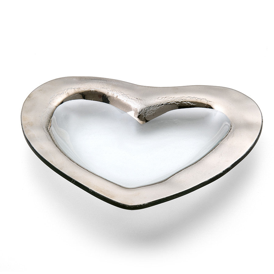 Handcrafted roman antique heart shaped clear glass bowl with a platinum band.