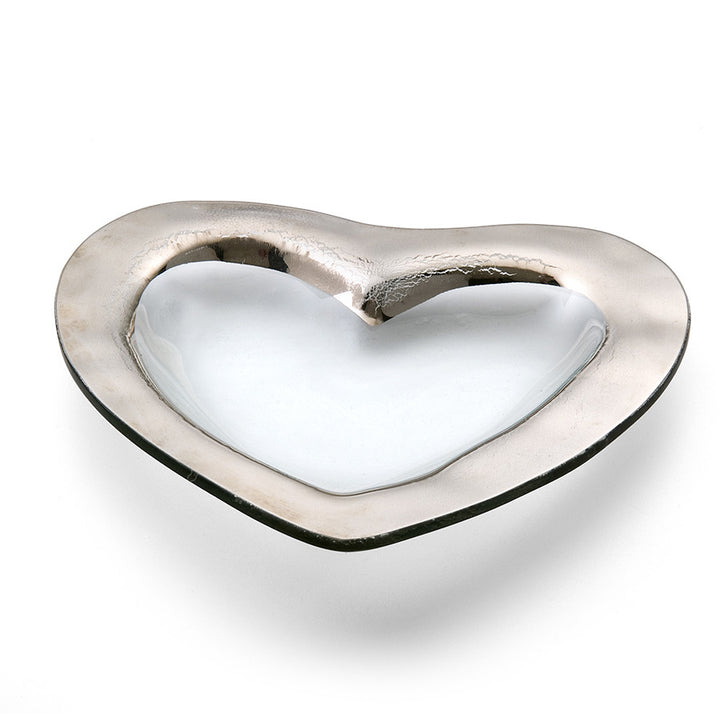 Handcrafted roman antique heart shaped clear glass bowl with a platinum band.