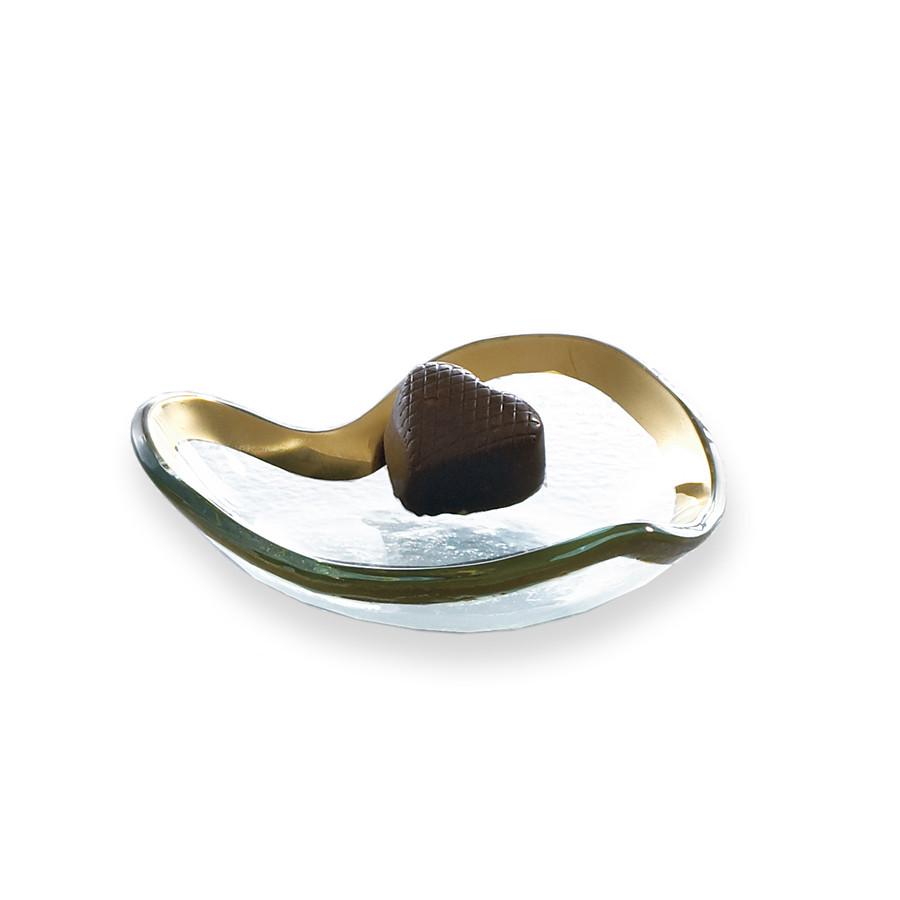 Roman antique mini heart shape bowl with a 24k gold band and a chocolate.