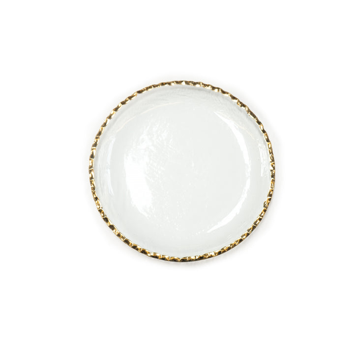 Clear 8 1/2" salad plate with a 24k gold edge.