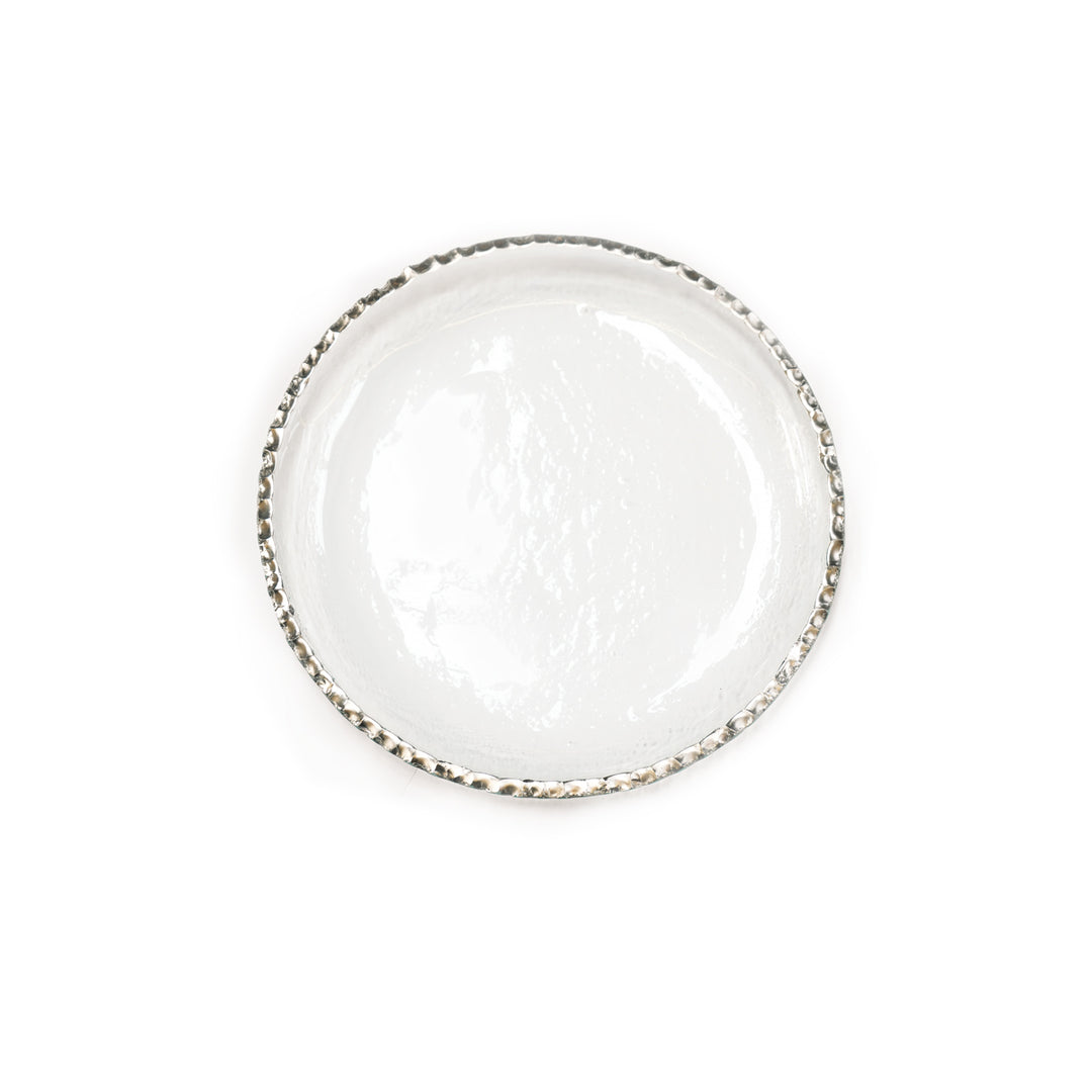 Clear salad plate with a platinum edge on a white background.