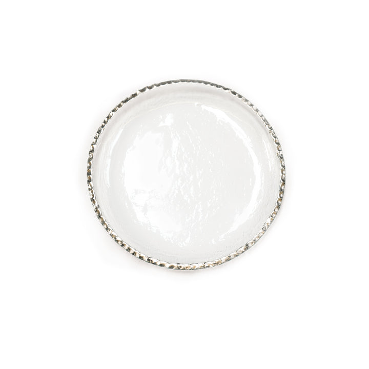 Clear salad plate with a platinum edge on a white background.