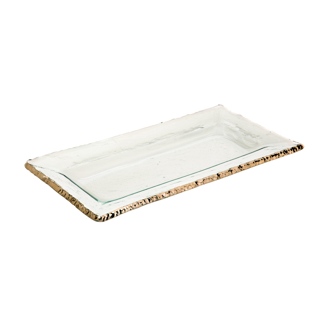 Rectangular clear tray with a 24k gold edge on a white background.