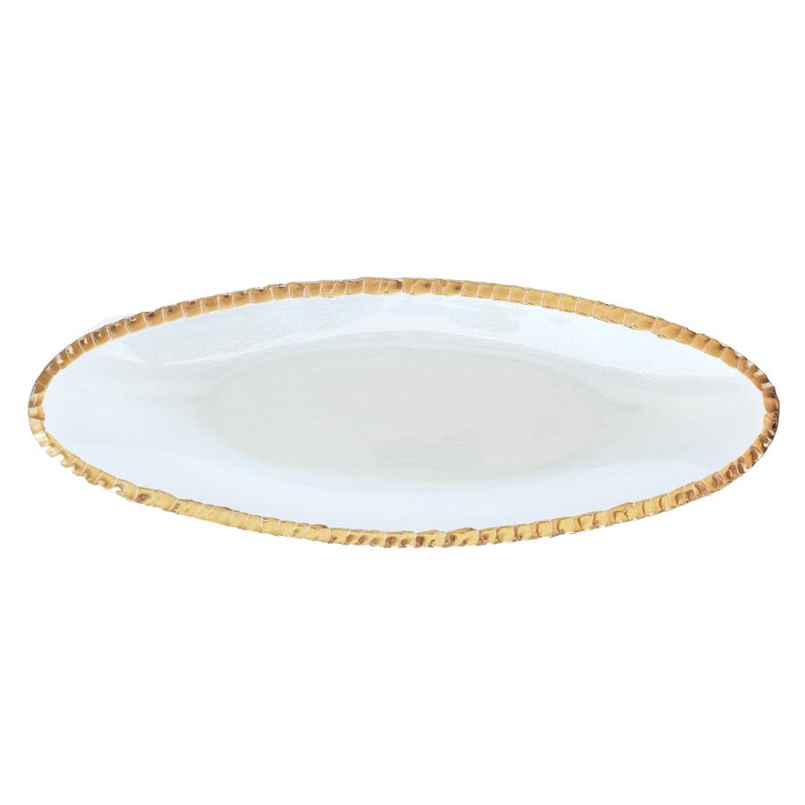 Edgey oblong tray made in clear glass and a 24k gold edge.