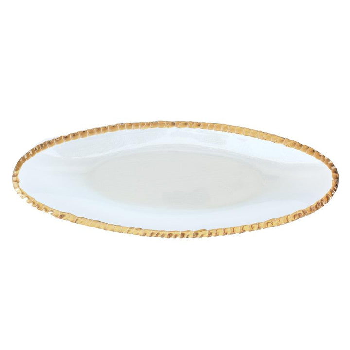 Edgey oblong tray made in clear glass and a 24k gold edge.