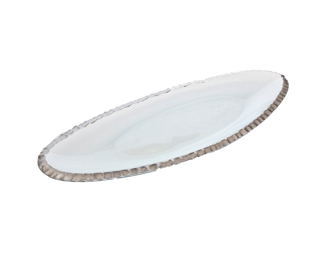 Clear oblong tray with a platinum edge on a white background.