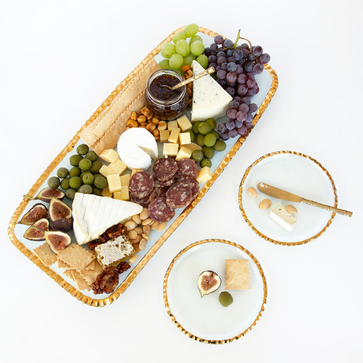Charcutier on an Edgey Large Regular Tray and 2 small plates with servings. All with a 24k gold edge.