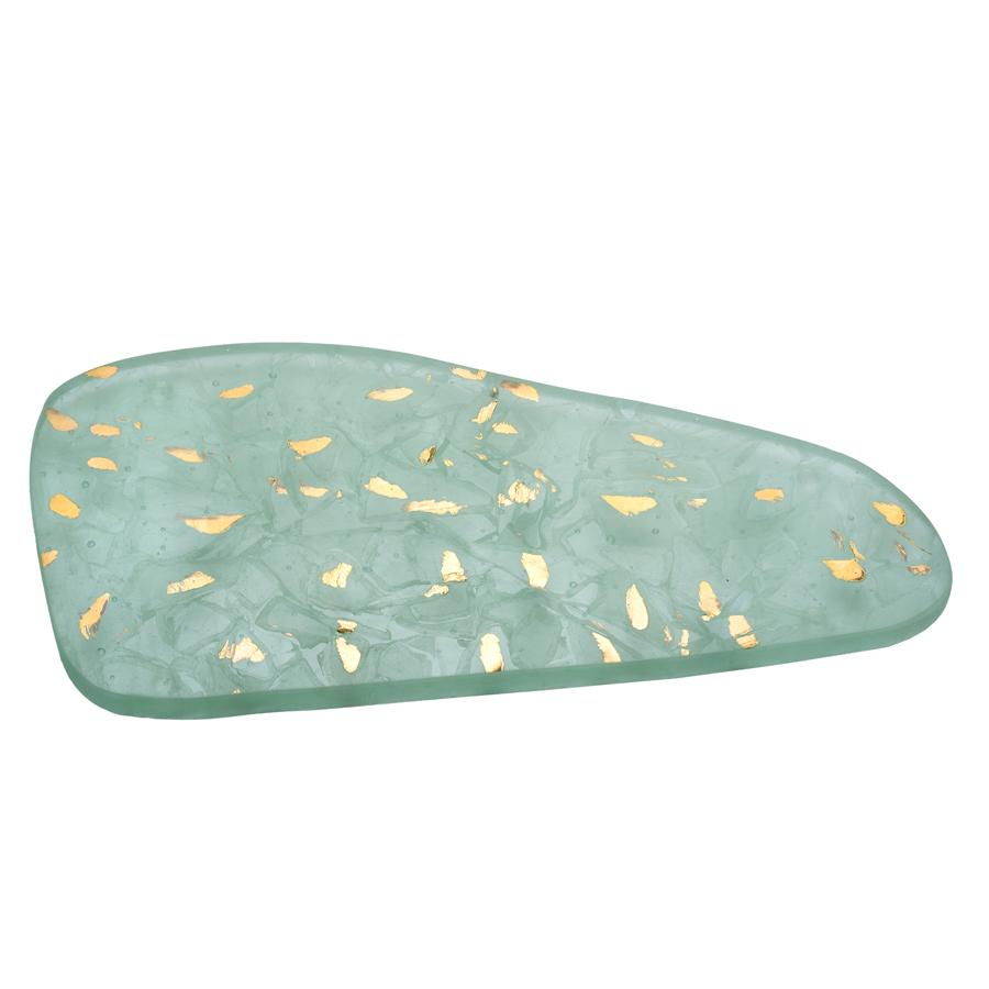 River shaped appetizer tray made of recycled glass with 24k gold flakes.