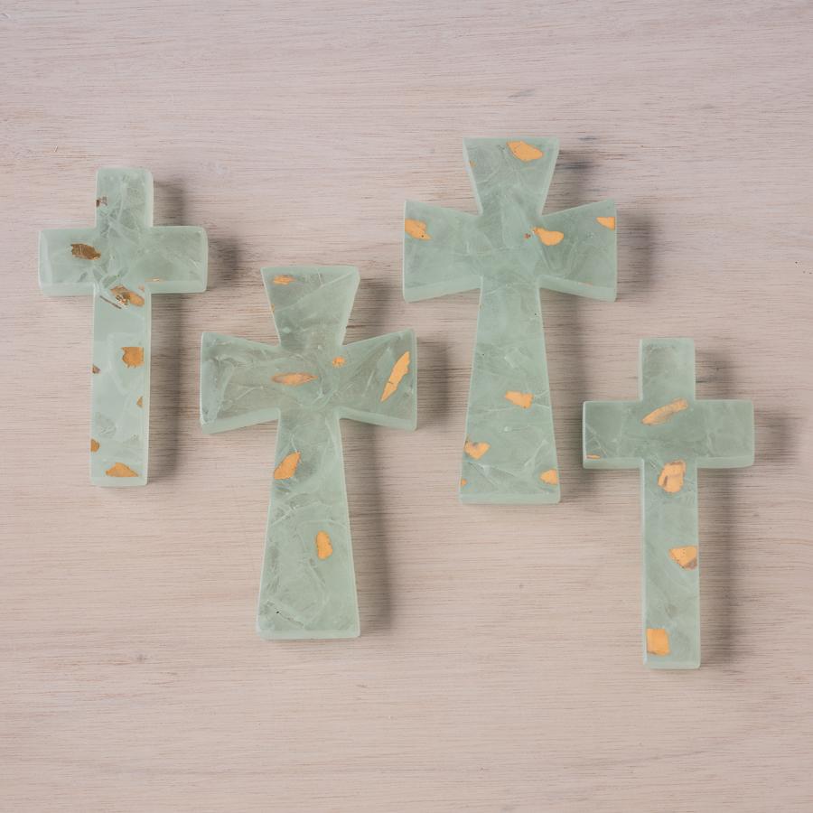 Elements crosses - two small and two large teal crosses with 24k gold flakes.