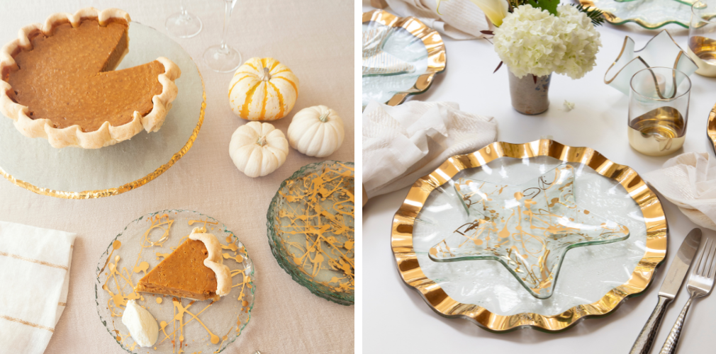 Pumpkin pie on glass cake stand with gold edge, slice on a glass plate with gold paint splatter design. White table scape with gold ruffle dinner plate and small star plate on top.