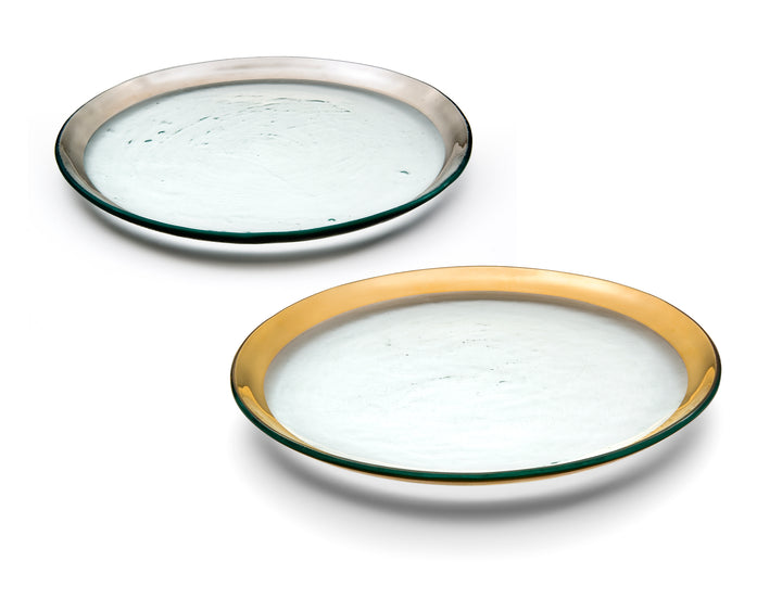 Two roman antique buffet plates one with a platinum band and one with a 24k gold band.