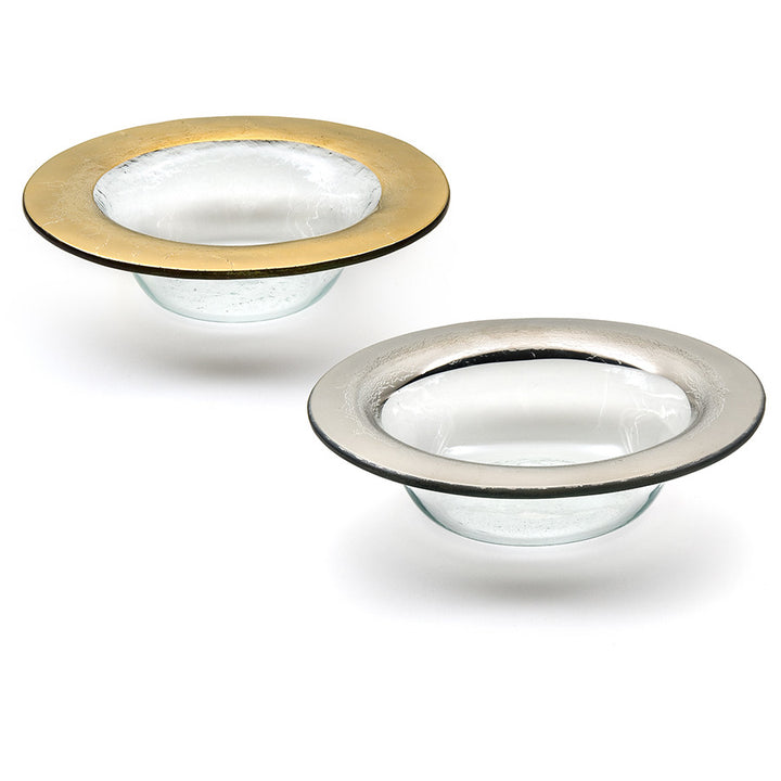 Roman antique wine coasters made in clear glass with a platinum and 24k gold band.