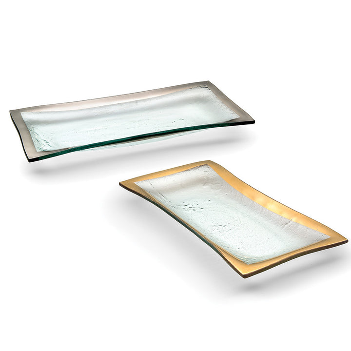 Roman antique olive trays with a 24k gold band and a platinum band on clear glass.