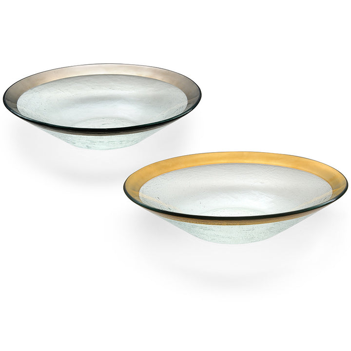 Clear glass wok bowls one with a platinum band and the other with a 24k gold band.