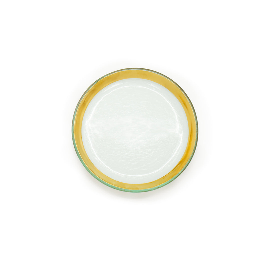 Roman antique small plate on clear glass with a 24k gold band.