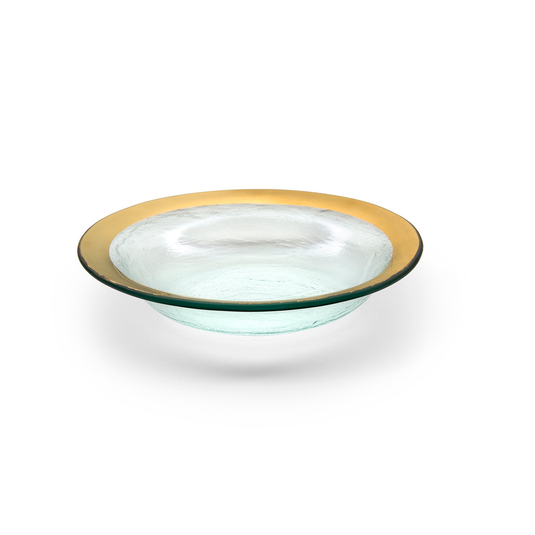 Clear 9" deep bowl with a 24k gold band.