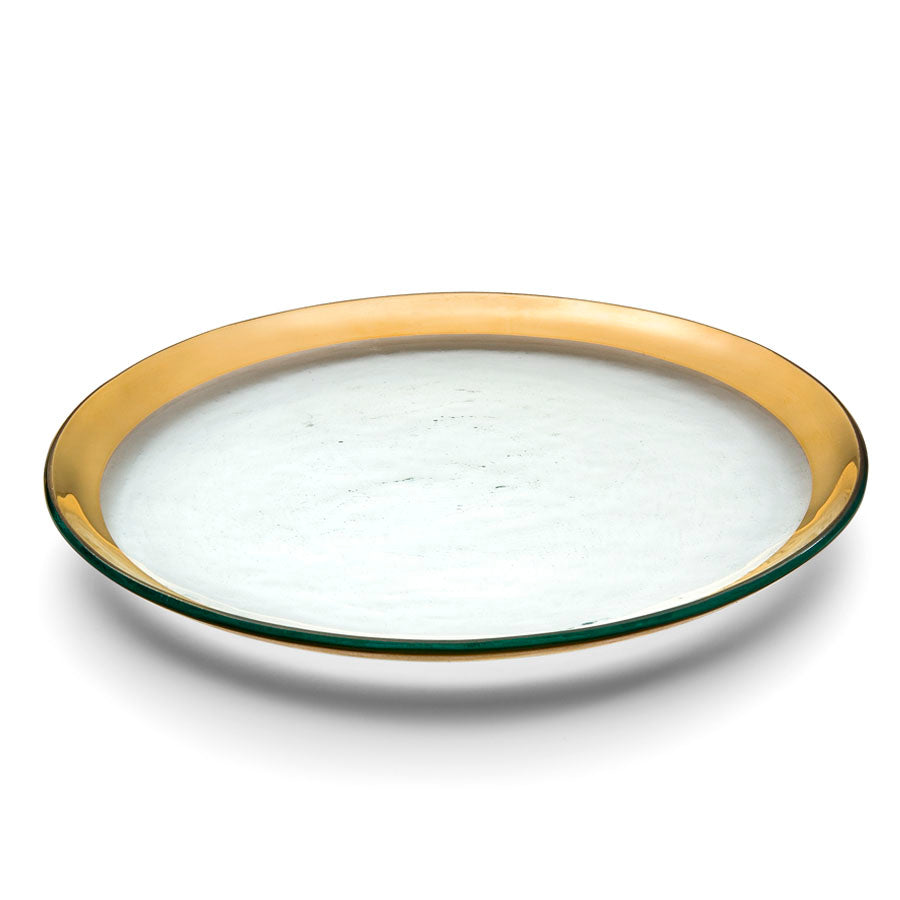 handmade round clear buffet plate with a 24k gold band.