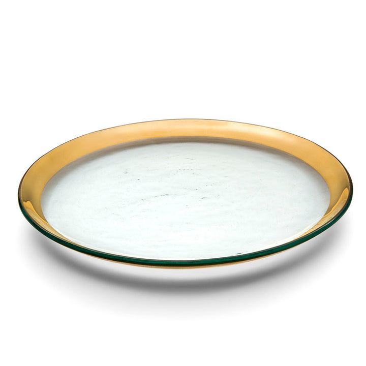 handmade round clear buffet plate with a 24k gold band.
