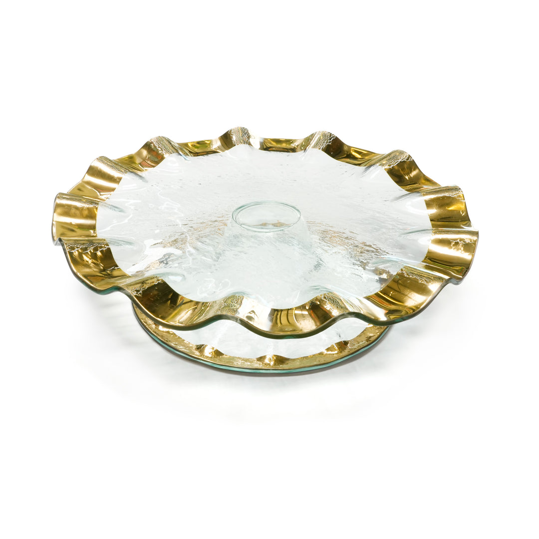 Ruffle cake stand on clear glass with a 24k gold rim and base.