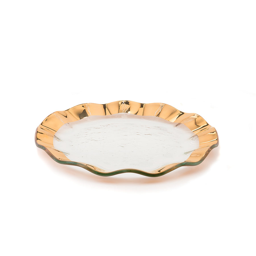 Ruffle clear salad plate with a 24k gold band.
