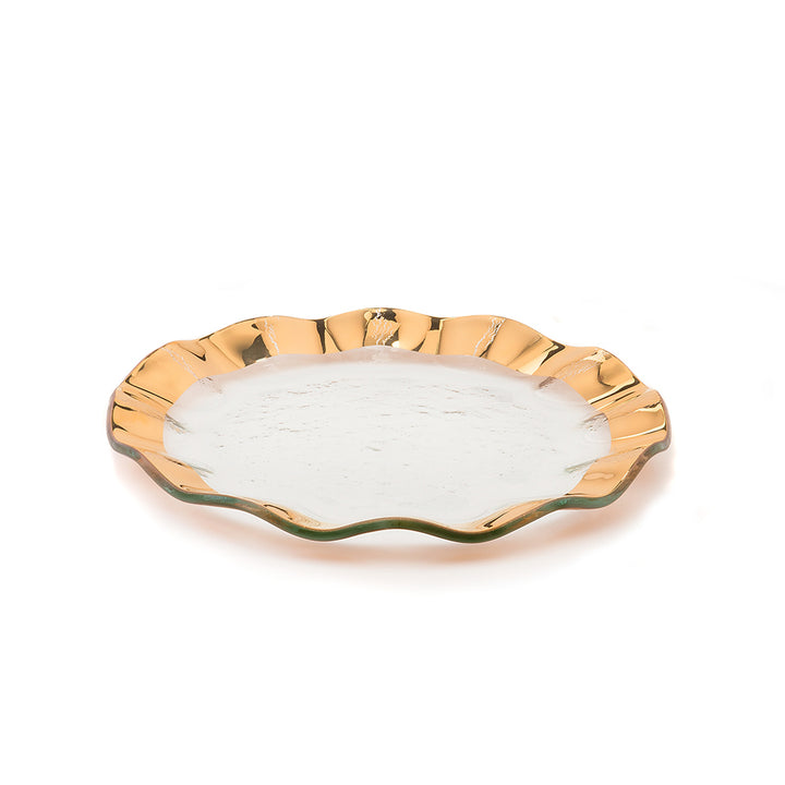 Ruffle clear salad plate with a 24k gold band.