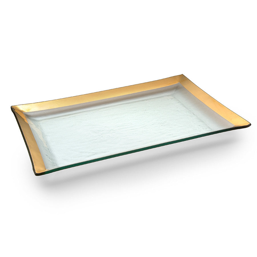 Handmade clear rectangular tray with a 24k gold band.