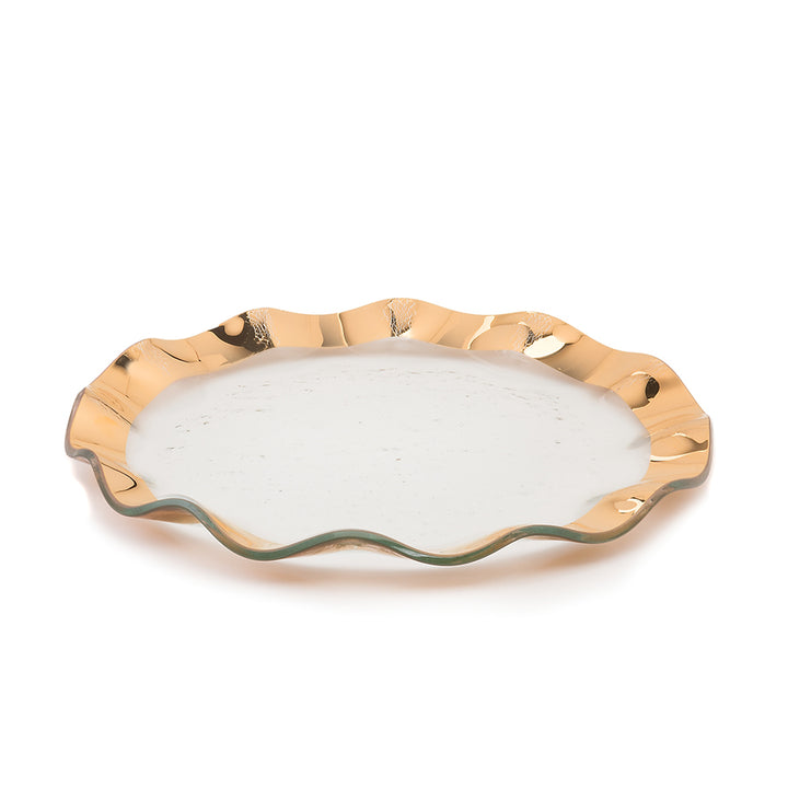 Ruffle clear dinner plate with a 24k gold band.