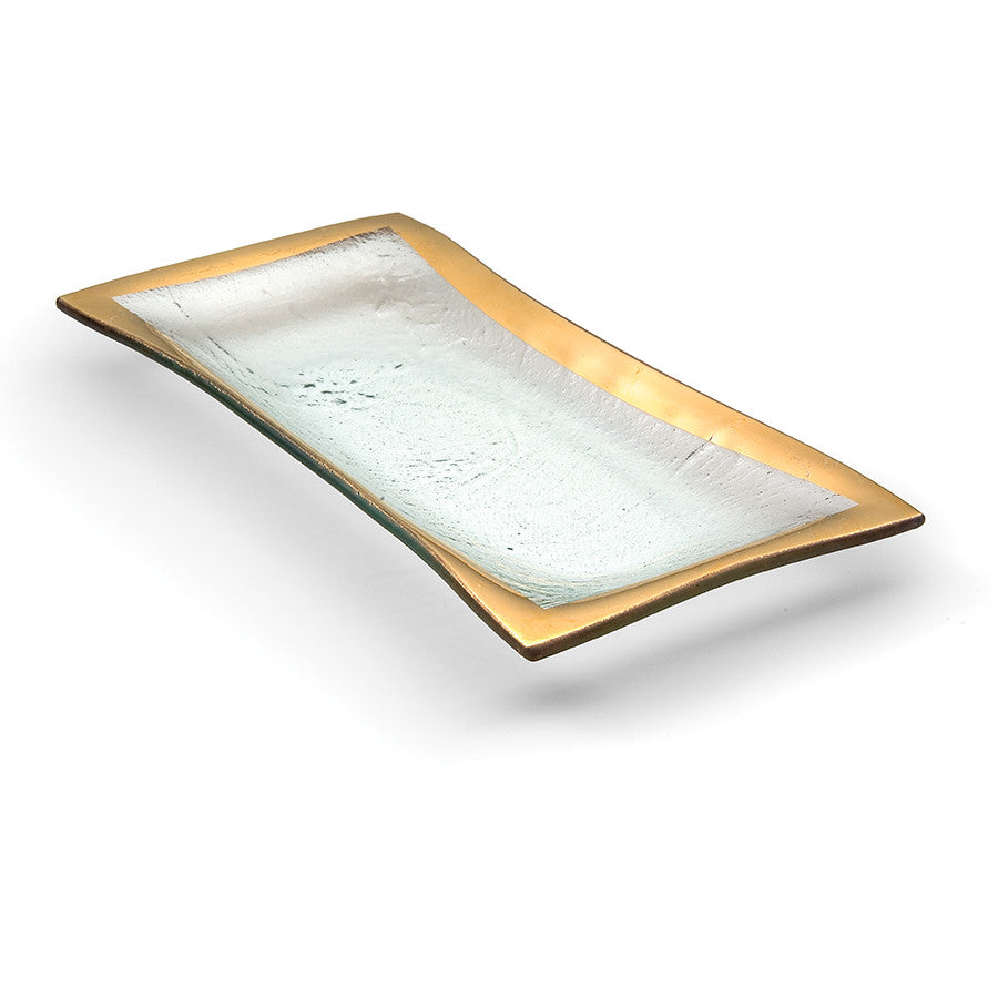 Small roman antique tray with a 24k gold band on clear glass.