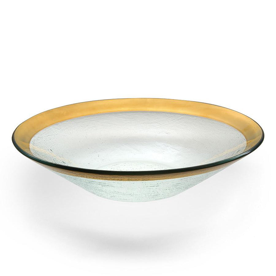 Handmade wok bowl with a 24k gold band on clear glass.