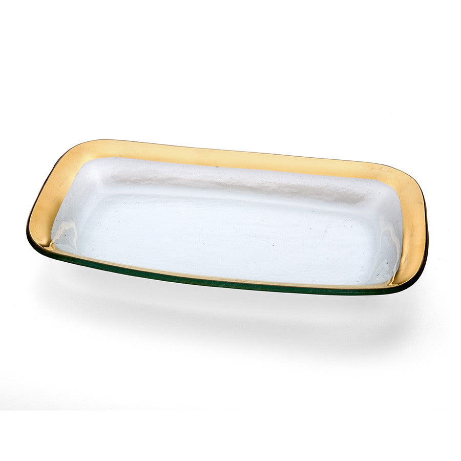 Medium roman antique rectangular bowl with a 24k gold band.