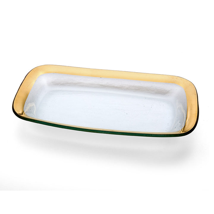 Medium roman antique rectangular bowl with a 24k gold band.