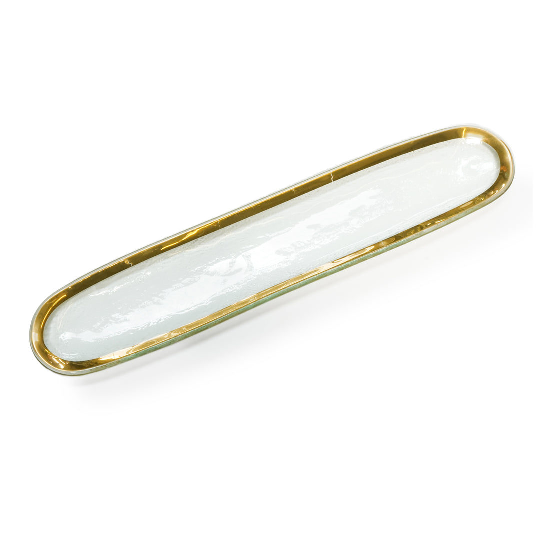 Clear long, narrow glass with a 24k gold band.