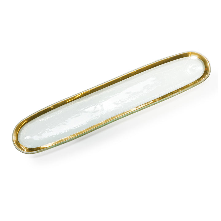 Clear long, narrow glass with a 24k gold band.