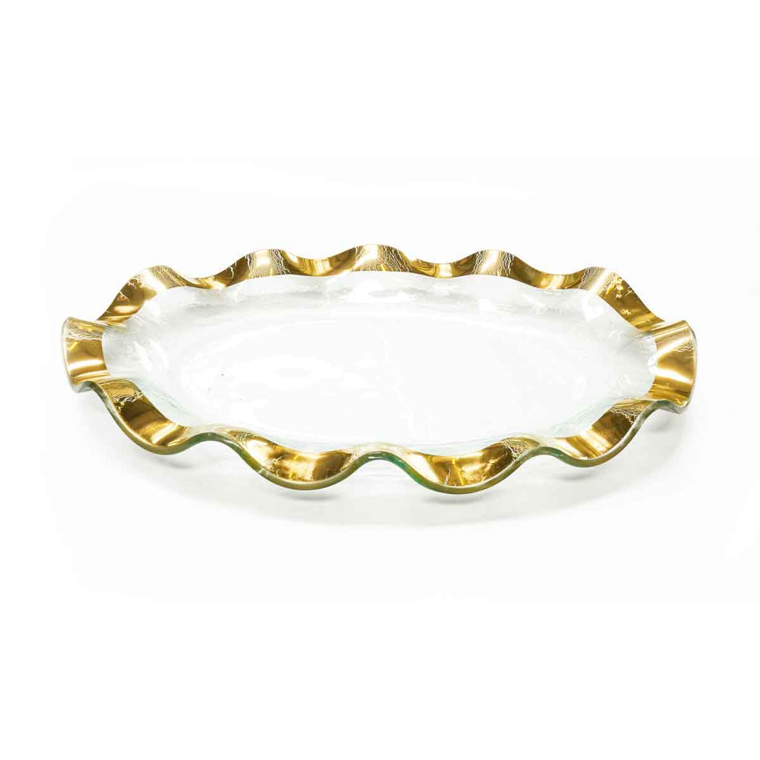 Oval glass platter with ruffled edges, hand-painted with 24k gold detailing.