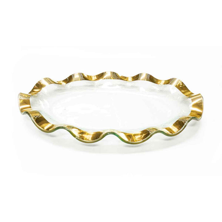 Oval glass platter with ruffled edges, hand-painted with 24k gold detailing.