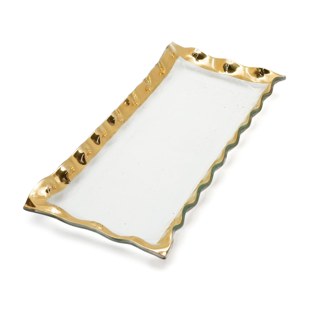 Ruffle rectangular tray with a 24k gold band.