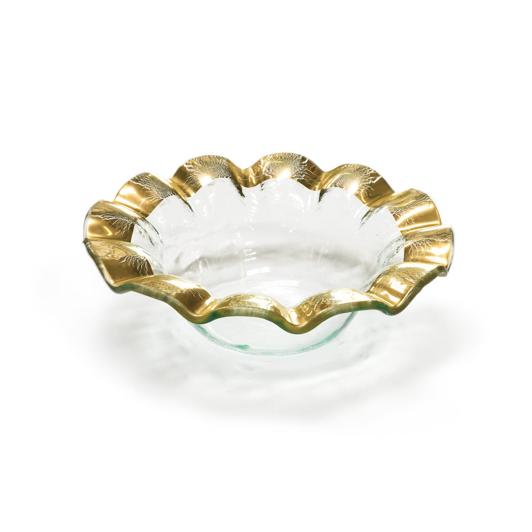 Ruffle wine coaster made on clear glass with a 24k gold band.