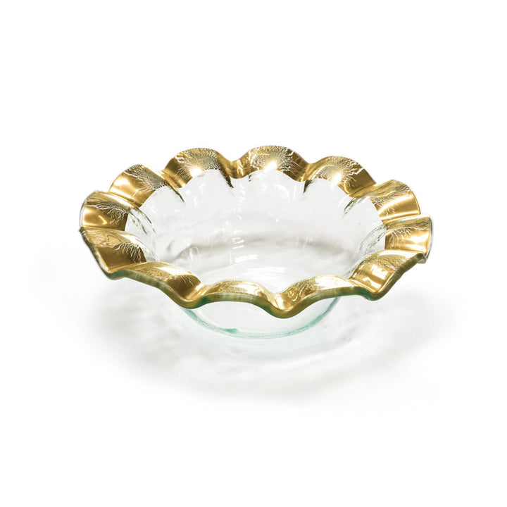 Ruffle wine coaster made on clear glass with a 24k gold band.
