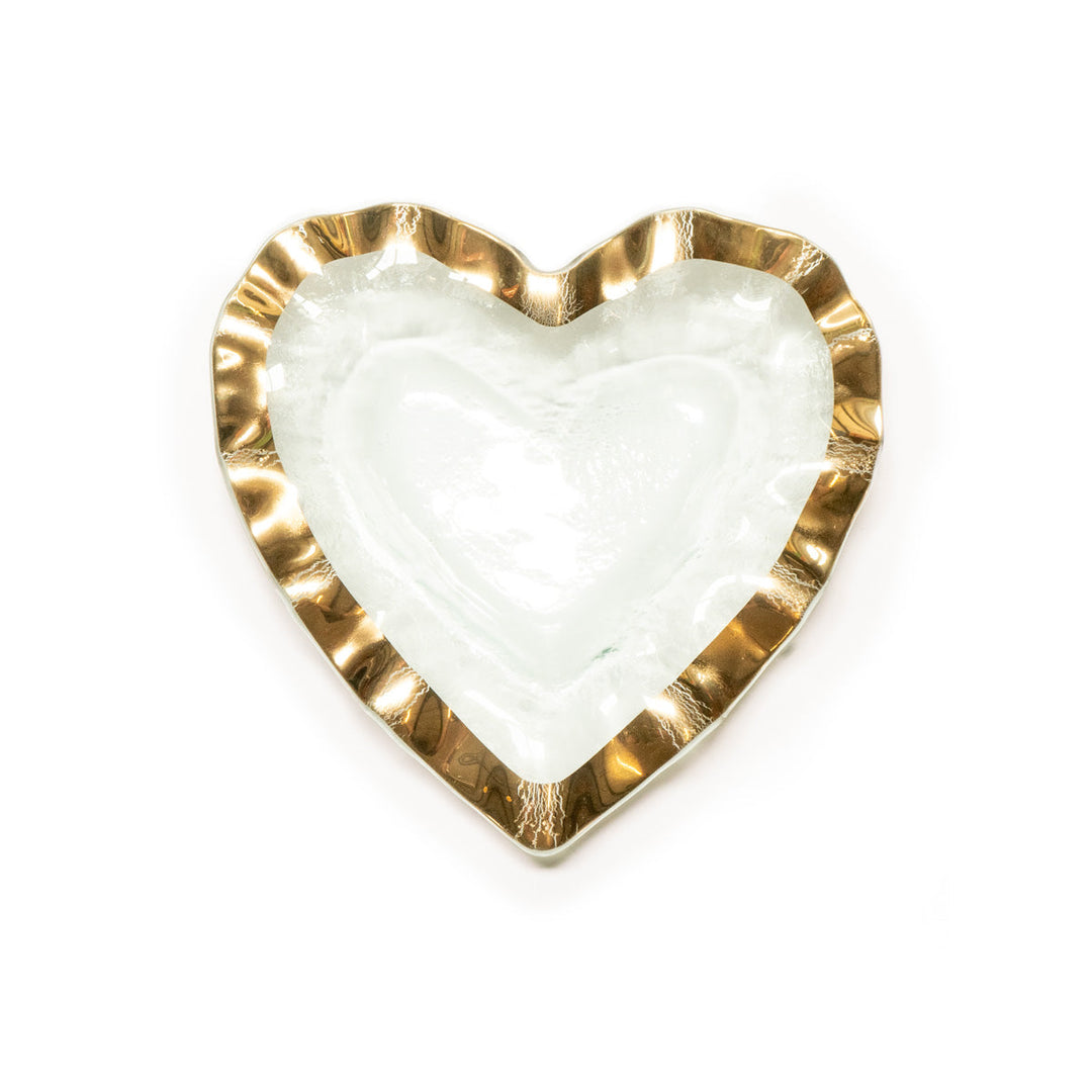 Ruffle 8" heart shaped bowl with a 24k gold band.