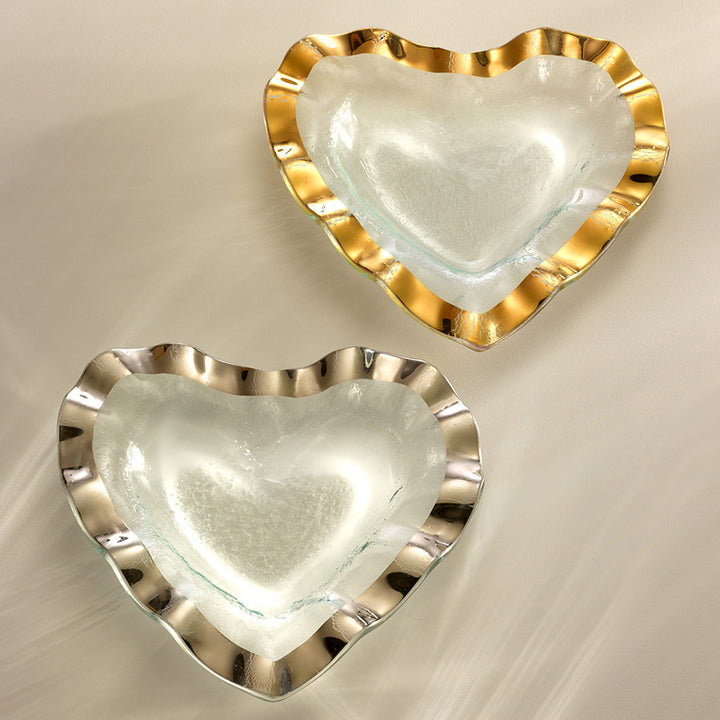 Ruffle 8" heart shaped bowls with a 24k gold and platinum bands.