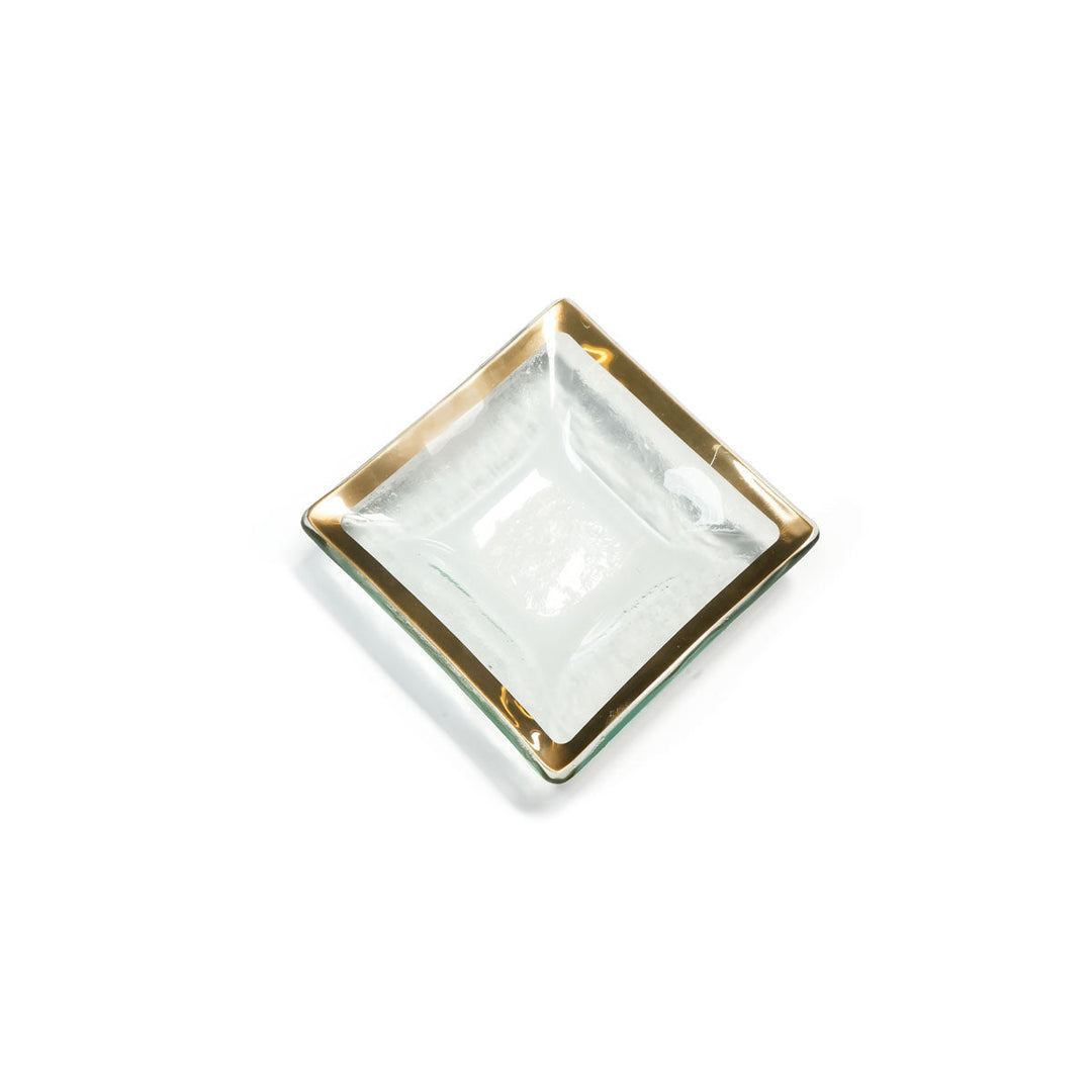 Roman antique small clear glass square plate with a 24k gold band.
